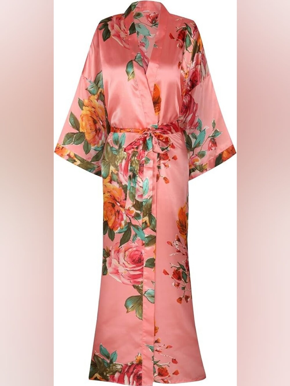 Long Coral Floral Kimono Robe